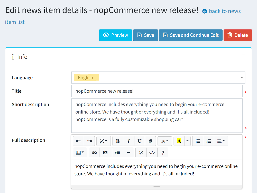 Edit news item page in nopCommerce 4.90