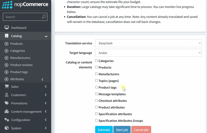 Translate catalog in nopcommerce with 1 click