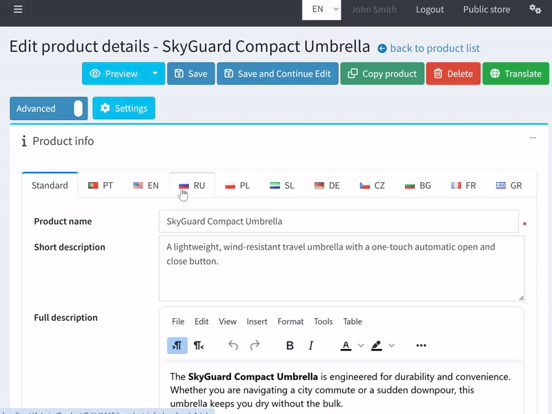 Translate product with one click